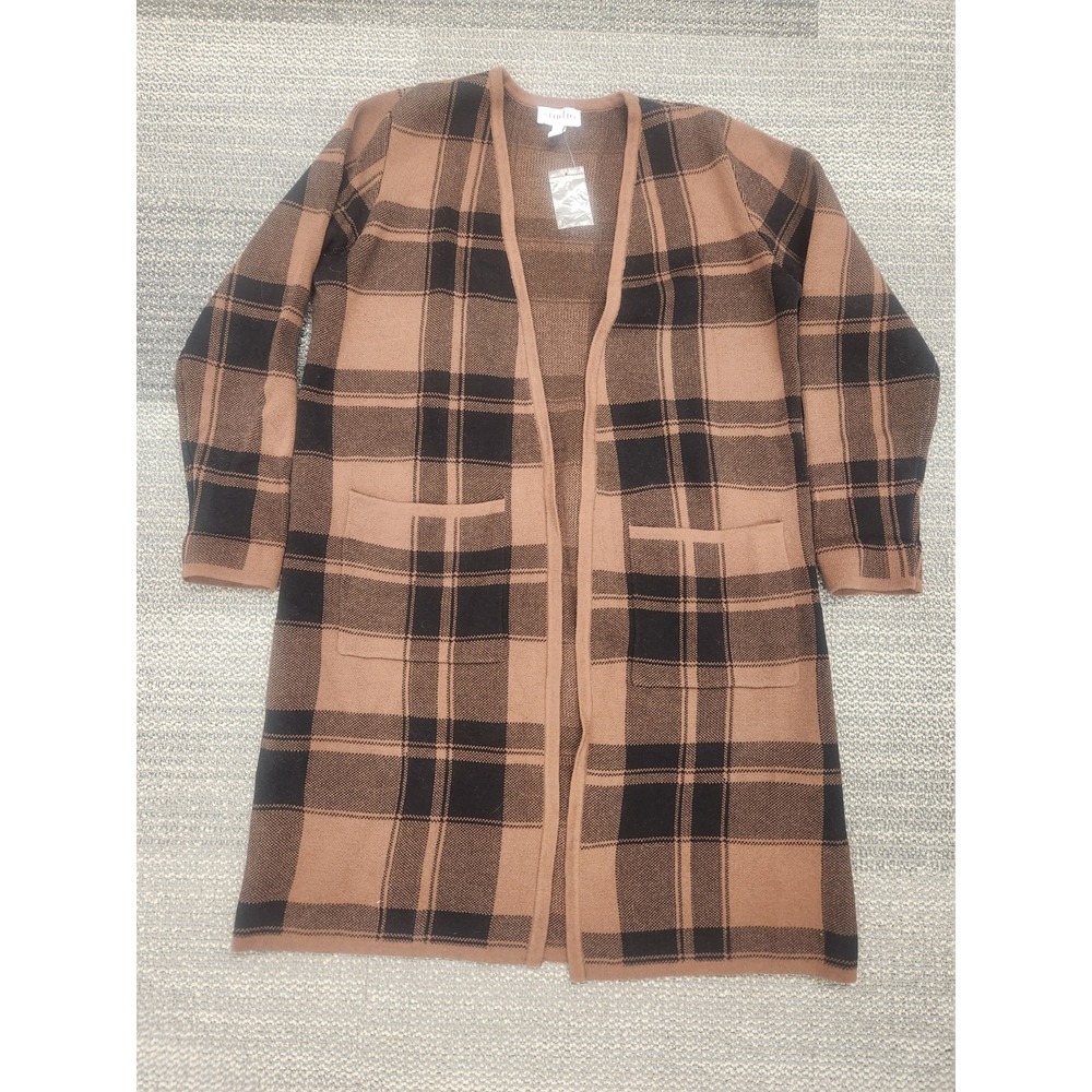 Denim & Co. Plaid Jacquard Open-Front Cardigan - Chestnut Brown Size Medium NWOT